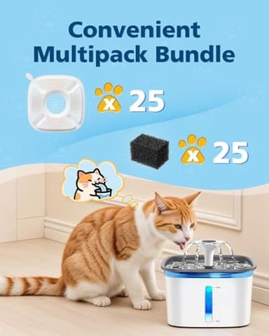 50 Pcs Cat Water Fountain Filters For Veken 95oz/2.8L, 67oz, 85oz, 135oz Dog Water Fountain Automatic Pet Fountain Dog Water Dispenser 25Pcs Pet Fountain Filter Replacement & 25Pcs Pre-Filter Sponges - Image 2