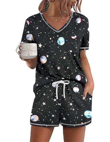 Ekouaer Women's Pajamas Sets Short Sleeve Lounge Sets Sleepwear Casual Two Piece Pjs With Pockets Moon Medium - Image 1