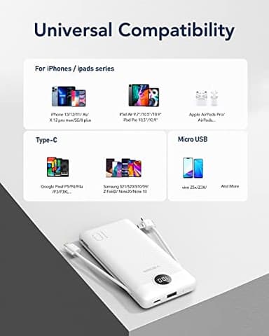 VEGER Portable Charger with Built-in AC Plug and Cables, All in One 10000mAh Ultra Slim Power Bank Travel Essentials, 15W Fast Charging Battery Pack Compatible with iPhone, Samsung, Android (White) - Image 6