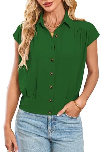 Cakulo Womens Summer Short Sleeve Button Down Shirts 2025 Dressy Casual Polo V Neck Collared Blouses Tops Green S - Image 1
