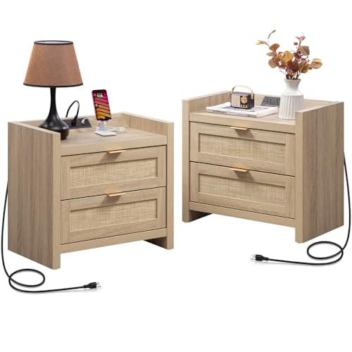 SICOTAS Rattan Nightstands Set of 2 Bedside Table - Bedroom Night Stand with Type-C Charging Station, 2 Drawers Storage - Boho Night Stands End Table for Bedroom Office - Light Oak - Image 1