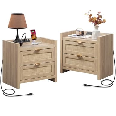 SICOTAS Rattan Nightstands Set of 2 Bedside Table - Bedroom Night Stand with Type-C Charging Station, 2 Drawers Storage - Boho Night Stands End Table for Bedroom Office - Light Oak - Image 1