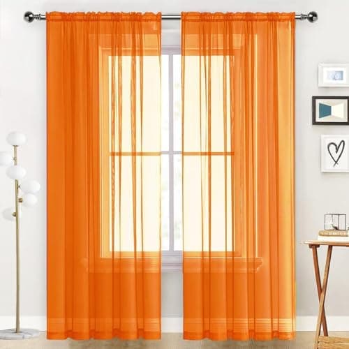 SpaceDresser Basic Rod Pocket Sheer Voile Window Curtain Panels Orange 2 Panels 52 Width 84 Inch Long for Kitchen Bedroom Children Living Room Yard(Orange,52 W x 84 L) - Image 1