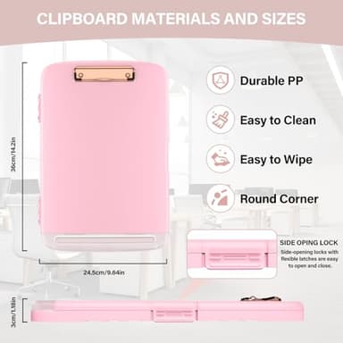 YEAHVIY Clipboard with Storage, Large Capacity Nursing Clipboards with Low Profile Clip, Heavy Duty Plastic Storage Clipboard with Pen Holder, Side-Opening (Light Pink with Rose Gold Clip) - Image 4