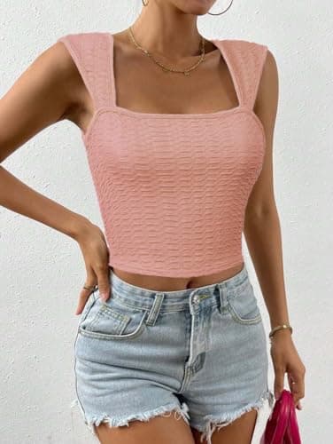 SKYAS Womens Cute Square Neck Ruched Going Out Crop Y2K Tank Tops Basic Trendy Summer Fitted Top Pink L - Image 3