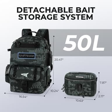 KastKing BaitSpace 50L Fishing Tackle Backpack with Removable Bait Binder,2 Rod Holders Storage Fishing Gear and Equipment,Black Camo - Image 3