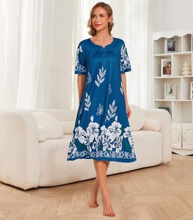 House Dresses for Women Short Sleeve with Pockets Floral Print Mumu Nightgown Lounge Dress - Image 6
