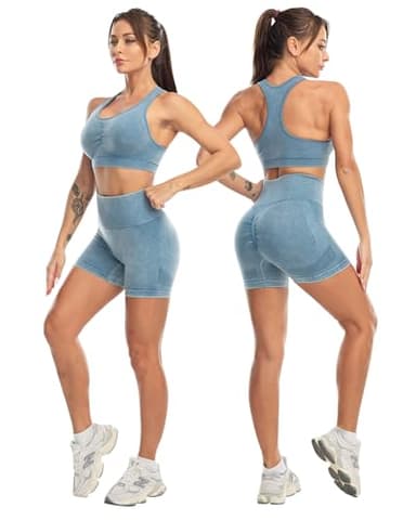 SALSPOR 3 Piece Workout Sets for Women Butt Lifting Leggings with High Impact Sports Bra Gym Shorts Activewear Matching Set(3DWX-Washed Blue-M) - Image 4