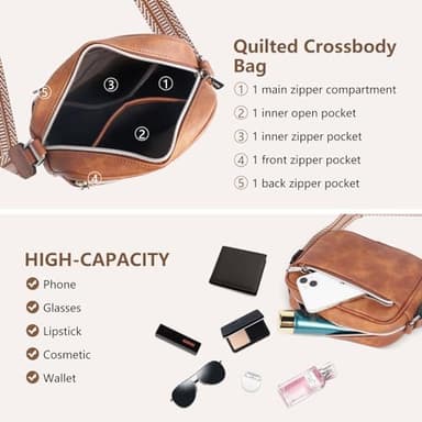 Horsecret Small Crossbody Purse Quilted Crossbody Bag for Women Small Shoulder Handbag Brown - Image 3