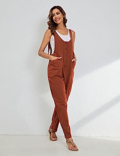 Yeokou Womens Overalls Linen Cotton Jumpsuits Loose Casual Jumpers with Pockets(Rust-M) - Image 7