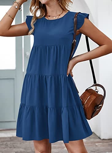 KIRUNDO Casual Summer Dresses Women's Sleeveless Ruffle Sleeve Round Neck Solid Loose Short Flowy Pleated Mini Babydoll Dress (Dark Blue, Large) - Image 3