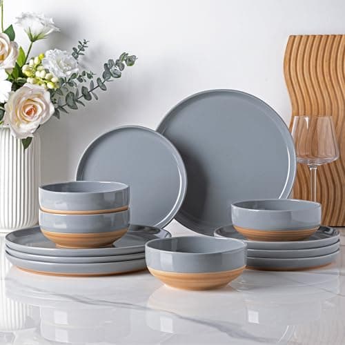 AmorArc Ceramic Dinnerware Sets for 4, 12 Pieces Handpainted Plates and Bowls Set with Rustic Terracotta Underside, Scratch Resistant Stoneware Dishes Set, Dishwasher & Microwave Safe, Gray - Image 1