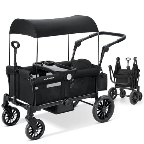 ELEMARA Foldable Stroller Wagon for 2 Kids, Premium All Terrain Wagon for Kids, Cart w/Removable Canopy, Adjustable Push/Pull Handle, Harnesses, Large Storage Bag, Black - Image 1