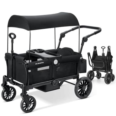 ELEMARA Foldable Stroller Wagon for 2 Kids, Premium All Terrain Wagon for Kids, Cart w/Removable Canopy, Adjustable Push/Pull Handle, Harnesses, Large Storage Bag, Black - Image 1