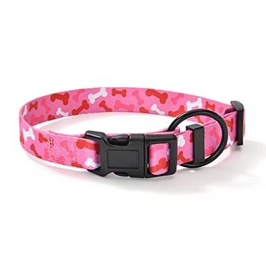 Mile High Life Nylon Puppy Dog Collar Nylon w Cute Patterns Lightweight Girl Boy Collar for Small/Medium/Large Dogs (Pink Bone, Medium Neck 13"-17") - Image 1