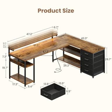 AODK 61" L Shaped Desk with Drawer, Computer Desk with Power Outlets & LED Lights, Reversible Corner Gaming Desks for Home Office Workstation, Office Table with Monitor Shelf, Vintage - Image 3