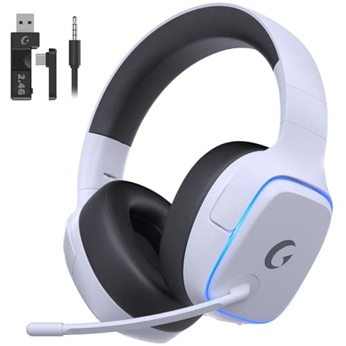 Gvyugke 2.4GHz Wireless Gaming Headsets for PS5, PS4, PC, Switch - Bluetooth 5.3 Gaming Headphones with Noise Canceling Mic, 7.1 Surround Sound, 70H Battery, Blue Lighting - White