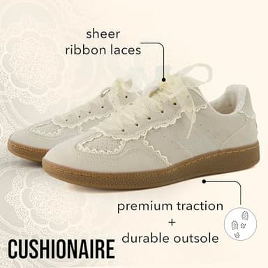CUSHIONAIRE Belinda Women’s Lace Detail Casual Sneakers – Elegant Ribbon Lace-Up Shoes with Memory Foam, Ivory Vegan Suede 7.5 - Image 4