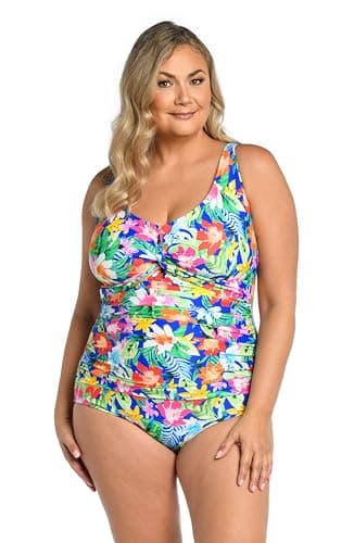 Maxine of Hollywood Women's V-Neck Twist Front Shirred One Piece Swimsuit, Multi//Hula Holiday, 24 - Image 1