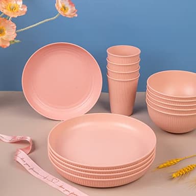 LIYH 32pcs Wheat Straw Dinnerware Sets for 8 Pink Plastic Plates and Bowls Sets,Plastic Plates Reusable,Dishwasher Freezer Safe (Pink Beige) - Image 4