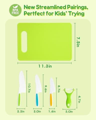 Kids Knife Set, 5 Pcs Montessori Kitchen Tools for Toddlers' Real Cooking, BPA Free Kids Safe Kitchen Cooking and Baking Set with Peeler, Cutting Board for Sandwich Bread Vegetable Fruit Present Gift - Image 3