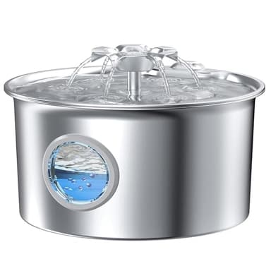 Stainless Steel Cat Water Fountain: 88oz/2.6L Ultra Quiet Pet Fountain with Flower Kitty Spout & LED Blue Light Water Dispenser with Water Level Window for Cats/Dogs Indoor (Silver) - IHOUONE - Image 1