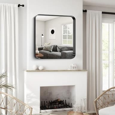 CIRCUMI Black Bathroom Mirror, 30"x30" Rectangular Mirror with Deep Metal Frame, Rounded Corner, Tempered Glass, Square Mirror for Wall, Oversink, Bedroom, Living Room, Vanity, Entryway, Crystal-Clear - Image 6