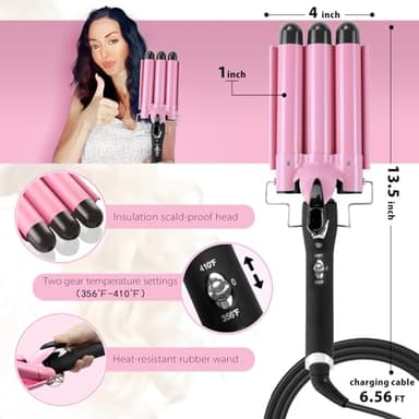 3 Barrel Curling Iron Hair Crimper: Birthday Gifts for Women Aleath Dual Voltage Adjustable Temperature Three Barrels Hair Waver - Ceramic 1 inch Curler Wand - Image 4