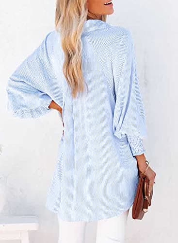 Womens Smocked Cuffed Striped Boyfriend Shirt Casual Collar Long Sleeve Oversized Button Down Blouse Tops with Pocket Shirred Blue - Image 2