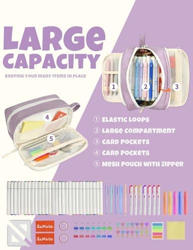 SUNEE Cute Pencil Case, Aesthetic Pen Pouch with 3 Compartments, Kawaii Colored Large Pencil Bag with Zipper, Stationery Storage and Organizer, Purple School Supplies for Teen and Adult Girls - Image 2