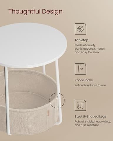 VASAGLE Small Round Side End Table, Modern Nightstand with Fabric Basket, Matte White and Camel Brown ULET223W10 - Image 5