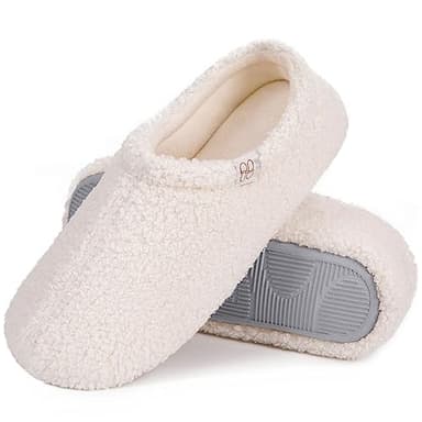 HomeTop Women's Fuzzy Curly Fur Memory Foam Loafer Slippers Bedroom House Shoes with Polar Fleece Lining (7-8, Cream White) - Image 1