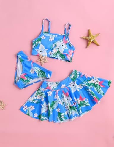 Arshiner Girls' 3Pcs Swimsuits Big Girl 3Pcs Swimsuits Beach Surf Bikini Bathing Suit Tankini Floral Swimwear Size 12 13 Blue Swimsuits for Girls 12-14 - Image 3