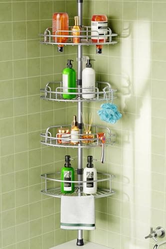 HAMITOR Corner Shower Caddy Tension Pole: 4-Tier Rust-Resistant Adjustable Bathroom Organizer Shelves - 47-121 Inch No-Drill Quick Installation - Space-Saving Storage for Renters Family - Silver Gray - Image 1