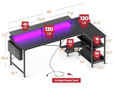 ODK 66 Inch Gaming Desk with USB Charging Ports and LED Lights, Reversible L Shaped Computer Desk with Storage Shelves & Monitor Stand, Corner Gamer Desk Table with Power Outlets, Carbon Fiber Black - Image 3