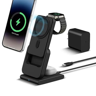 DDUAN Foldable Wireless Charging Station: 3-in-1 Charger Stand with 5000mAh Portable Power Bank for iPhone 16/15/14/13/12 - Removable Battery Pack for Apple Watch (Black) - Image 1