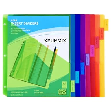 8-Tab Binder Dividers - Index Pockets Divider for 3 Ring Binders, 3-Hole Plastics Sheets Protectors for US Letter Size in 0.5'', 1'', 2'', 3 inch Binders, 8 Colors (XY004) (1 Pack) - Image 1