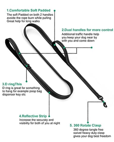 Heavy Duty Dog Leash with 2 Handles - 6ft Reflective Anti-Pull Leash for Large Dogs, Padded Traffic Handle for Control, Durable Nylon Training Lead (Black) - Image 6