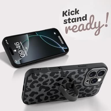 Jefonha Compatible with iPhone 16 Pro Max Case with Finger Hand Strap Kickstand, Trendy Cool Leopard Cheetah Print Phone Case for Women Men, Full Camera Protection Shockproof Protective Cover, Black - Image 4