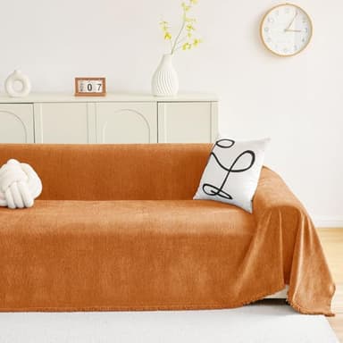 hyha Couch Cover for Dogs, Boho Sofa Covers for 3 Cushion Couch Washable, Chenille Sofa Slipcover for Pets, Soft Loveseat Sectional Couch Throw Blankets with Tassels (Orange, 88.5x150 Inch) - Image 2