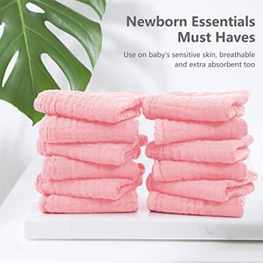 SWEET DOLPHIN 12 Pack Muslin Burp Cloths Large 100% Cotton Hand Washcloths for Baby - Baby Essentials Extra Absorbent and Soft Boys & Girls Milk Spit Up Rags for Newborn Registry - Pink, 20" X10" - Image 3