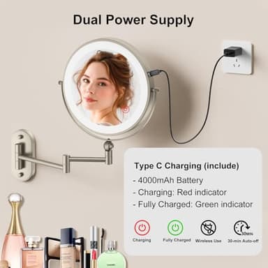 9" Wall Mounted Lighted Makeup Mirror,4000mAh Rechargeable Double Sided 1X/10X Magnifying Mirror with Light,3 Color Lights,Touch Dimmable,Extended Arm 360 Rotation Wall Mounted Makeup Mirror - Image 5