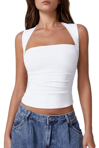 QINSEN Tank Tops for Women Square Neck Double Lined Slim Fit Summer Basic T Shirts White M - Image 1