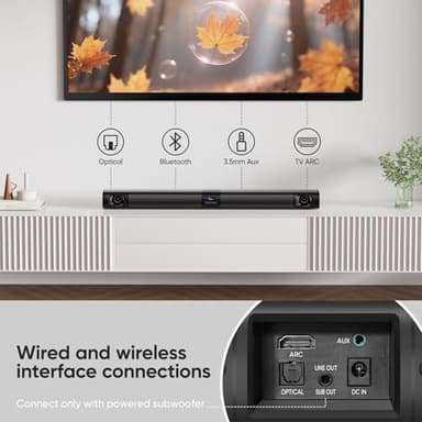 WebsLand Sound Bar for Smart TV, 80W Soundbar with Four Woofers, Dual Horn Tweeters, 2.0 Channel TV Speaker, 2 in 1 Detachable Design, BT/ARC/AUX/Optical Connection, Surround Sound System for TV - Image 5