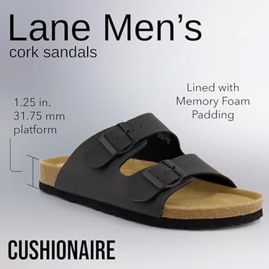 CUSHIONAIRE Lane Cork Footbed Mens Sandals, Adjustable Buckle Comfort Slides for Men, Genuine Leather Insole Summer Sandals Men Footwear, BLACK 12 - Image 2