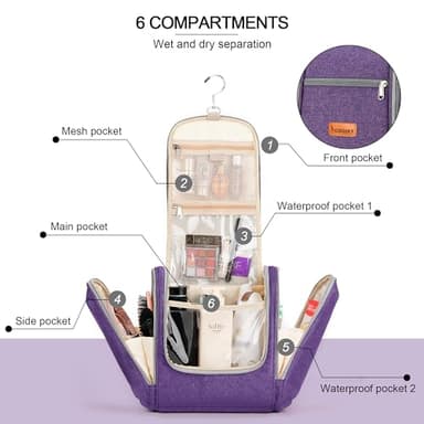 Extra Large Toiletry Bag for Women and Men, 6 Organizer Compartments, Holds Full Size Shampoo, with Hanging Hook Cosmetic Bag, Travel Makeup Bag, Bathroom Water-resistant Toiletries Bag, Purple - Image 4