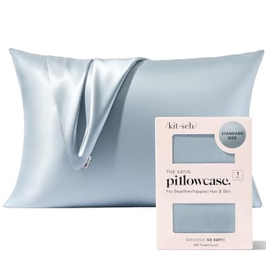 Kitsch Satin Pillowcase with Zipper for Hair & Skin, Softer Than Silk Pillow Cases Queen, Wrinkle-Free, Smooth and Cooling Satin Pillow Covers, Standard Size 19"x26", Haze Blue - Image 1