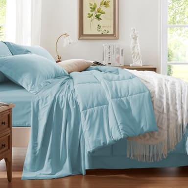 Anluoer King Comforter Set 7 Piece, Light Blue Bed in a Bag with Sheets, Comforters King Size Bedding Sets with 1 Comforter, 2 Pillow Shams, 2 Pillowcases, 1 Flat Sheet,1 Fitted Sheet - Image 2