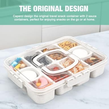 Caperci Snackle Box Container - Large 10-Compartment Divided Serving Tray with Lid and Handle, Built-in 2 Dip Containers, Dishwasher Safe, Leak-Proof, Wheat Straw, BPA-Free (White) - Image 2