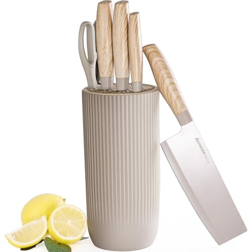 Knife Set, Astercook 6 Piece Khaki Kitchen Knife Set, Non-stick Stainless Steel Knife Block Set, Anti-Rust Dishwasher Safe Knife Set with Block - Image 1